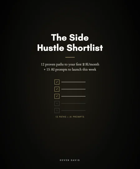 The Side Hustle Shortlist cover: 12 proven paths to your first $1K a month and 15 AI prompts.